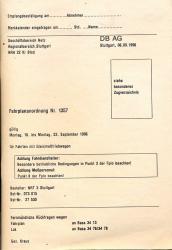 Deutsche Bahn AG: Fahrplananordnung Nr. 1357 für Fahrten mit Gleismeßtriebwagen, gültig Montag, 16. bis Montag, 23. September 1996.